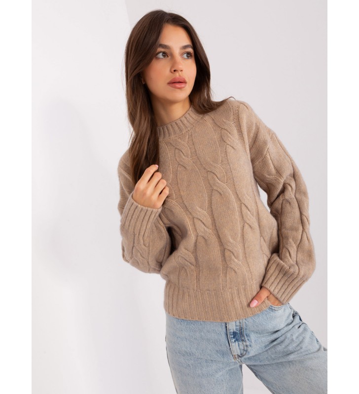 Sweter z warkoczami AT-SW-0146.10P ciemny bezowy