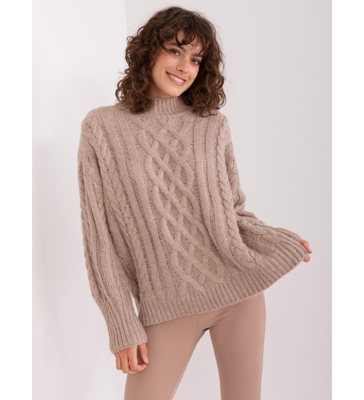 Sweter z warkoczami AT-SW-2363-2.30 ciemny bezowy