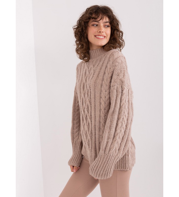 Sweter z warkoczami AT-SW-2363-2.30 ciemny bezowy